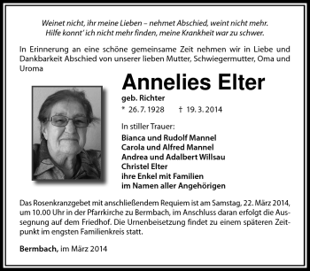 Traueranzeige von Anneliese Elter von Südthüringer Presse