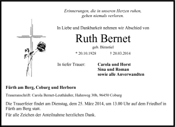 Traueranzeige von Ruth Bernet von Neue Presse Coburg