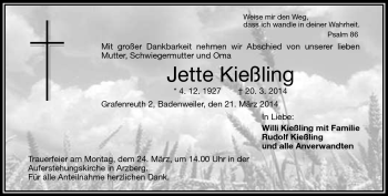 Traueranzeige von Jette Kießling von Frankenpost