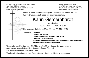 Traueranzeige von Karin Gemeinhardt von Frankenpost