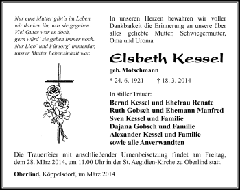 Traueranzeige von Elsbeth Kessel von Südthüringer Presse