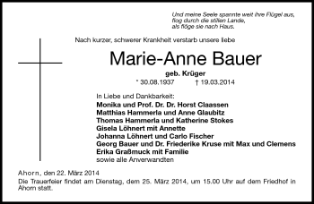 Traueranzeige von Marie-Anne Bauer von Neue Presse Coburg