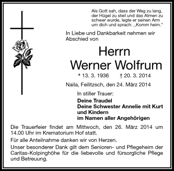 Traueranzeige von Werner Wolfrum von Frankenpost