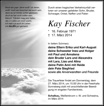 Traueranzeige von Kay Fischer von Südthüringer Presse