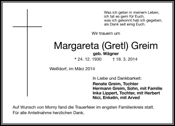 Traueranzeige von Margarete Greim von Frankenpost