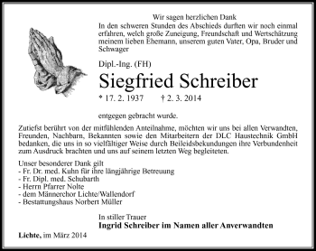 Traueranzeige von Siegfried Schreiber von Südthüringer Presse