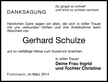 Traueranzeige von Gerhard Schulze von Neue Presse Coburg