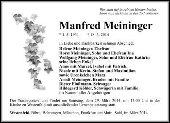 Traueranzeige von Manfred Meininger von Südthüringer Presse
