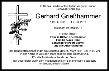 Traueranzeige von Gerhard Grießhammer von Frankenpost