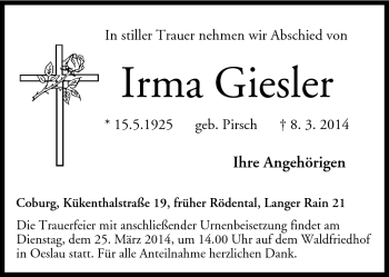 Traueranzeige von Irma Giesler von Neue Presse Coburg