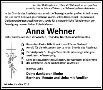 Traueranzeige von Anna Wehner von Südthüringer Presse