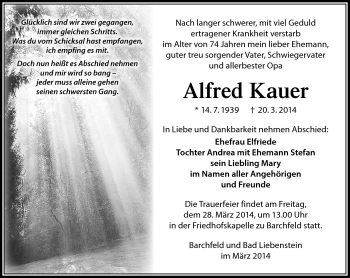 Traueranzeige von Alfred Kauer von Südthüringer Presse