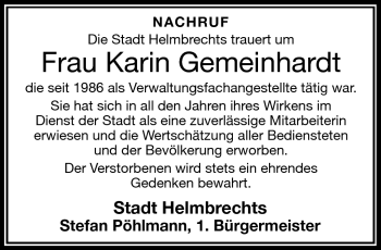 Traueranzeige von Karin Gemeinhardt von Frankenpost