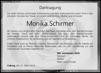 Traueranzeige von Monika Schirmer von Neue Presse Coburg
