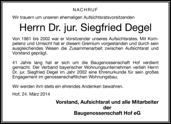 Traueranzeige von Degel Siegfried von Frankenpost