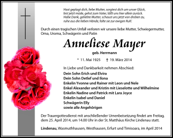 Traueranzeige von Anneliese Mayer von Südthüringer Presse