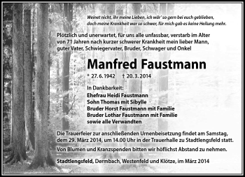Traueranzeige von Manfred Faustmann von Südthüringer Presse