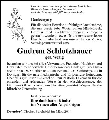 Traueranzeige von Gudrun Schlotzhauer von Südthüringer Presse
