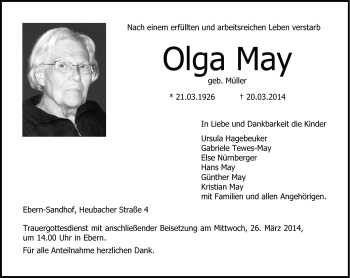 Traueranzeige von Olga May von Neue Presse Coburg