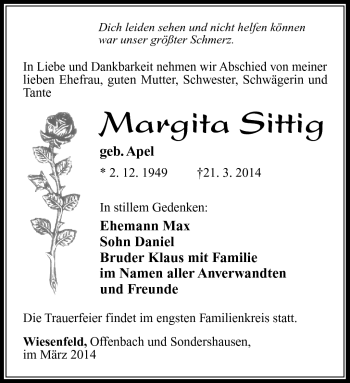 Traueranzeige von Margita Sittig von Südthüringer Presse