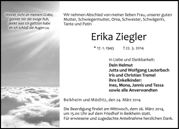 Traueranzeige von Erika Ziegler von Neue Presse Coburg