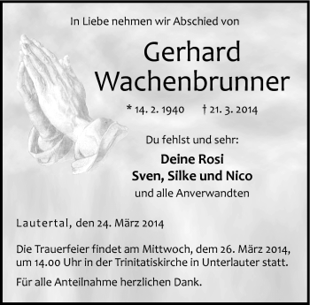 Traueranzeige von Gerhard Wachenbrunner von Neue Presse Coburg