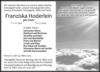 Traueranzeige von Franziska Hoderlein von Neue Presse Coburg