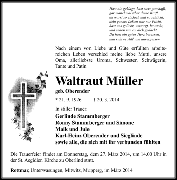 Traueranzeige von Waltraut Müller von Südthüringer Presse