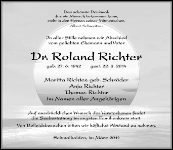 Traueranzeige von Roland Richter von Südthüringer Presse