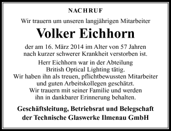 Traueranzeige von Volker Eichhorn von Südthüringer Presse