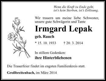 Traueranzeige von Irmgard Lepak von Südthüringer Presse