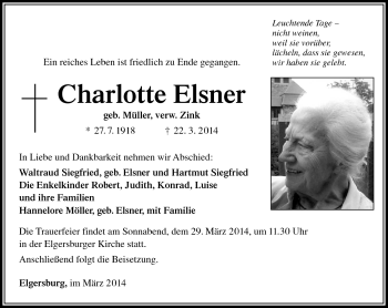 Traueranzeige von Charlotte Elsner von Südthüringer Presse