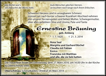 Traueranzeige von Ernestine Bräuning von Südthüringer Presse