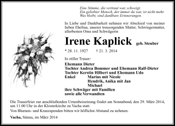 Traueranzeige von Irene Kaplick von Südthüringer Presse