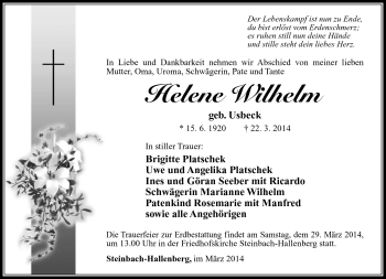 Traueranzeige von Helene Wilhelm von Südthüringer Presse
