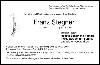 Traueranzeige von Franz Stegner von Neue Presse Coburg