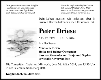 Traueranzeige von Peter Driese von Südthüringer Presse
