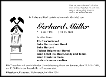 Traueranzeige von Gerhard Müller von Südthüringer Presse
