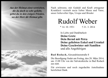 Traueranzeige von Rudolf Weber von Neue Presse Coburg