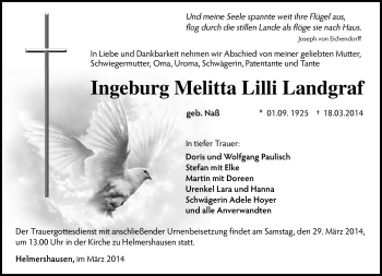 Traueranzeige von Ingeburg Melitta Lilli Landgraf von Südthüringer Presse