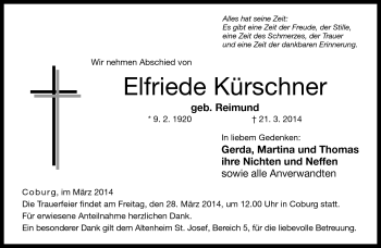 Traueranzeige von Elfriede Kürschner von Neue Presse Coburg