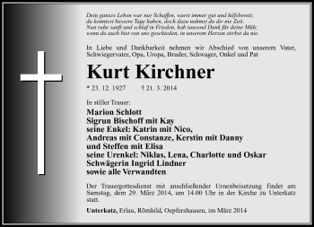 Traueranzeige von Kurt Kirchner von Südthüringer Presse