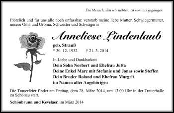 Traueranzeige von Anneliese Lindenlaub von Südthüringer Presse
