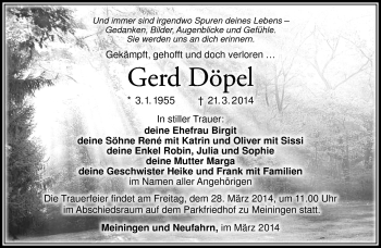 Traueranzeige von Gerd Döpel von Südthüringer Presse