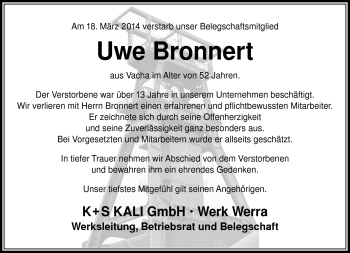 Traueranzeige von Uwe Bronnert von Südthüringer Presse