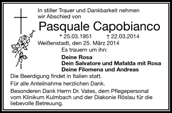 Traueranzeige von Pasquale Capobianco von Frankenpost
