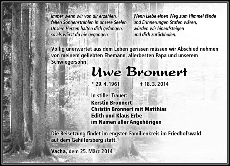  Traueranzeige für Uwe Bronnert vom 26.03.2014 aus Südthüringer Presse