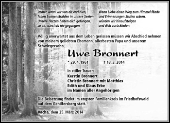 Traueranzeige von Uwe Bronnert von Südthüringer Presse