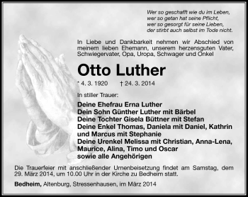 Traueranzeige von Otto Luther von Südthüringer Presse