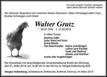 Traueranzeige von Walter Gratz von Südthüringer Presse
